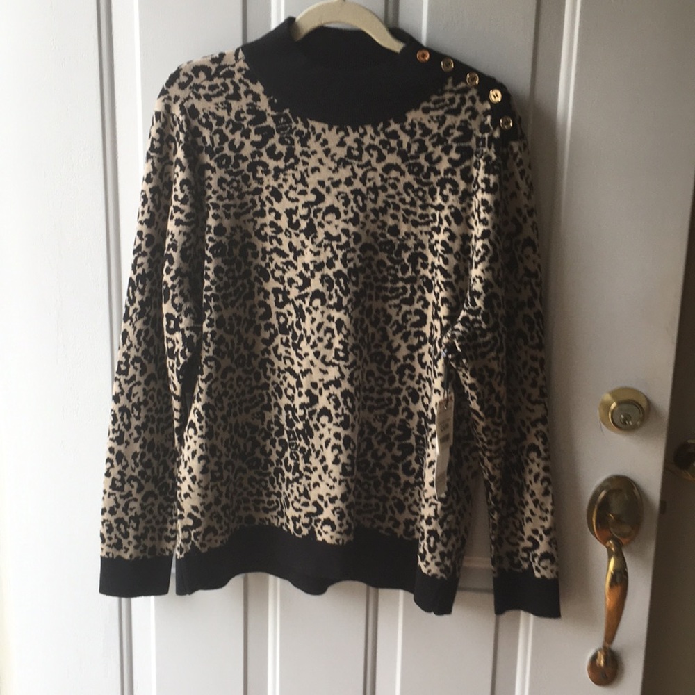 Black and beige leopard print Calvin Klein mock turtleneck sweater